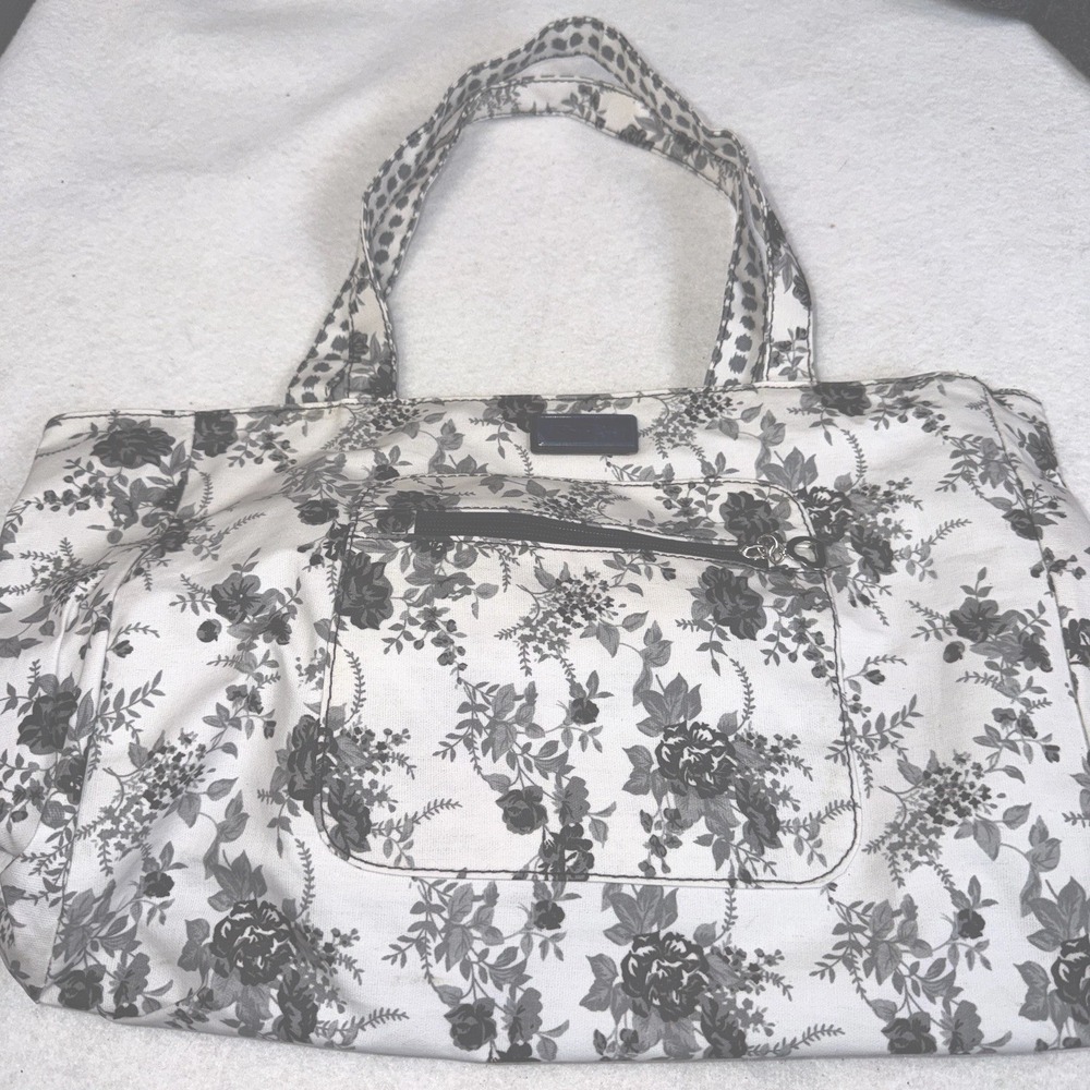 Bella Russo  Floral Tote Bag Black White Canvas Shoulder Bag‎ Large Zip Pocket